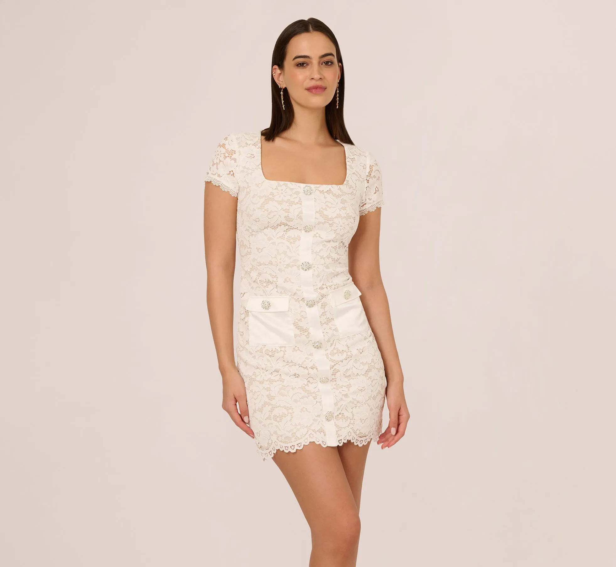 Cap Sleeve Rhinestone Button Lace Short Dress In Ivory