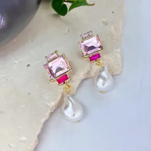 Carmen Jewel & Pearl Drop Earrings (Pink)
