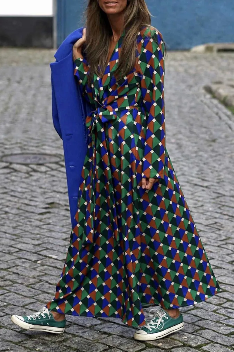 Casual Geometric Printing V Neck A Line Dresses