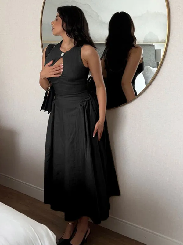 Casual Tea-Length Dress with Basque Waist