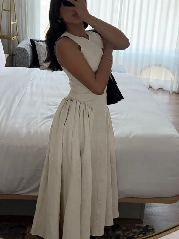 Casual Tea-Length Dress with Basque Waist