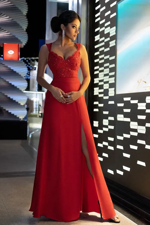 Charming A Line V Neck Sleeveless Long Prom Dress Split Applique Evening Dresses OHC461