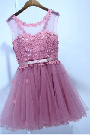 Cheap A Line Scoop Neck Sleeveless Appliques Short Tulle Homecoming Party Dress  OHM097