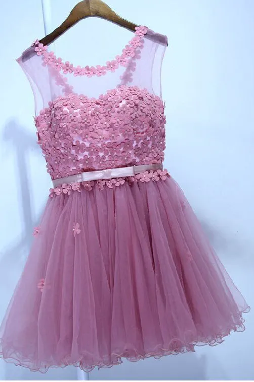 Cheap A Line Scoop Neck Sleeveless Appliques Short Tulle Homecoming Party Dress  OHM097