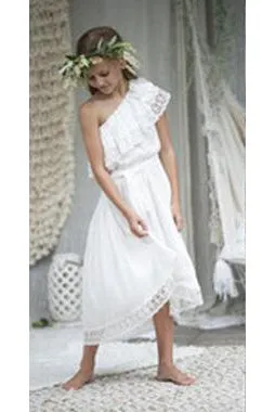 Cheap Floor Length One Shoulder Chiffon Sleeveless Flower Girl Dress OHR044
