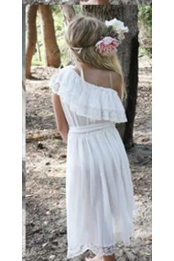 Cheap Floor Length One Shoulder Chiffon Sleeveless Flower Girl Dress OHR044