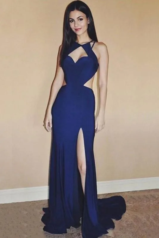 Cheap Mermaid Jewel Sweep Train Open Back Long Prom Dress with Side Slit