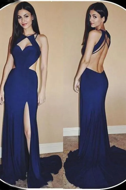 Cheap Mermaid Jewel Sweep Train Open Back Long Prom Dress with Side Slit