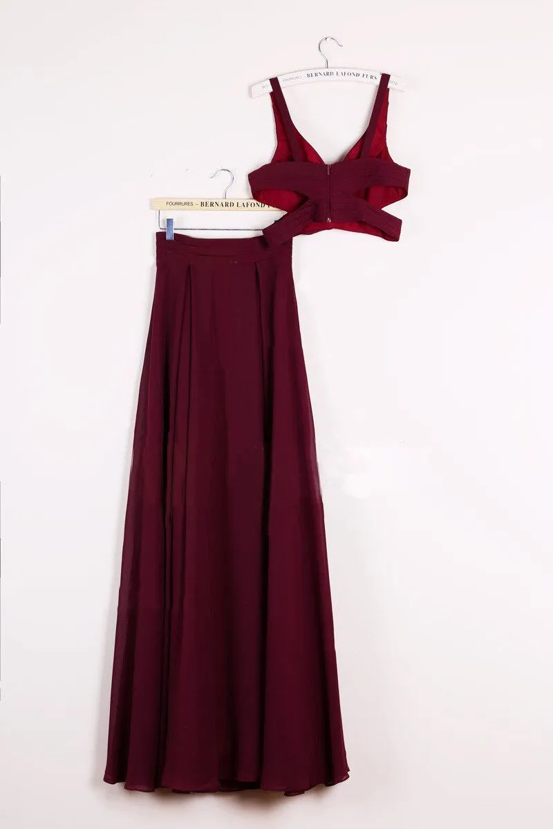 Cheap Two Piece Straps Floor-length Sleeveless Long Burgundy Chiffon Prom Dress OHC122