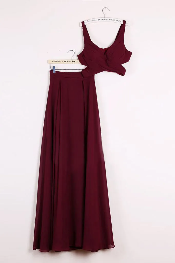 Cheap Two Piece Straps Floor-length Sleeveless Long Burgundy Chiffon Prom Dress OHC122