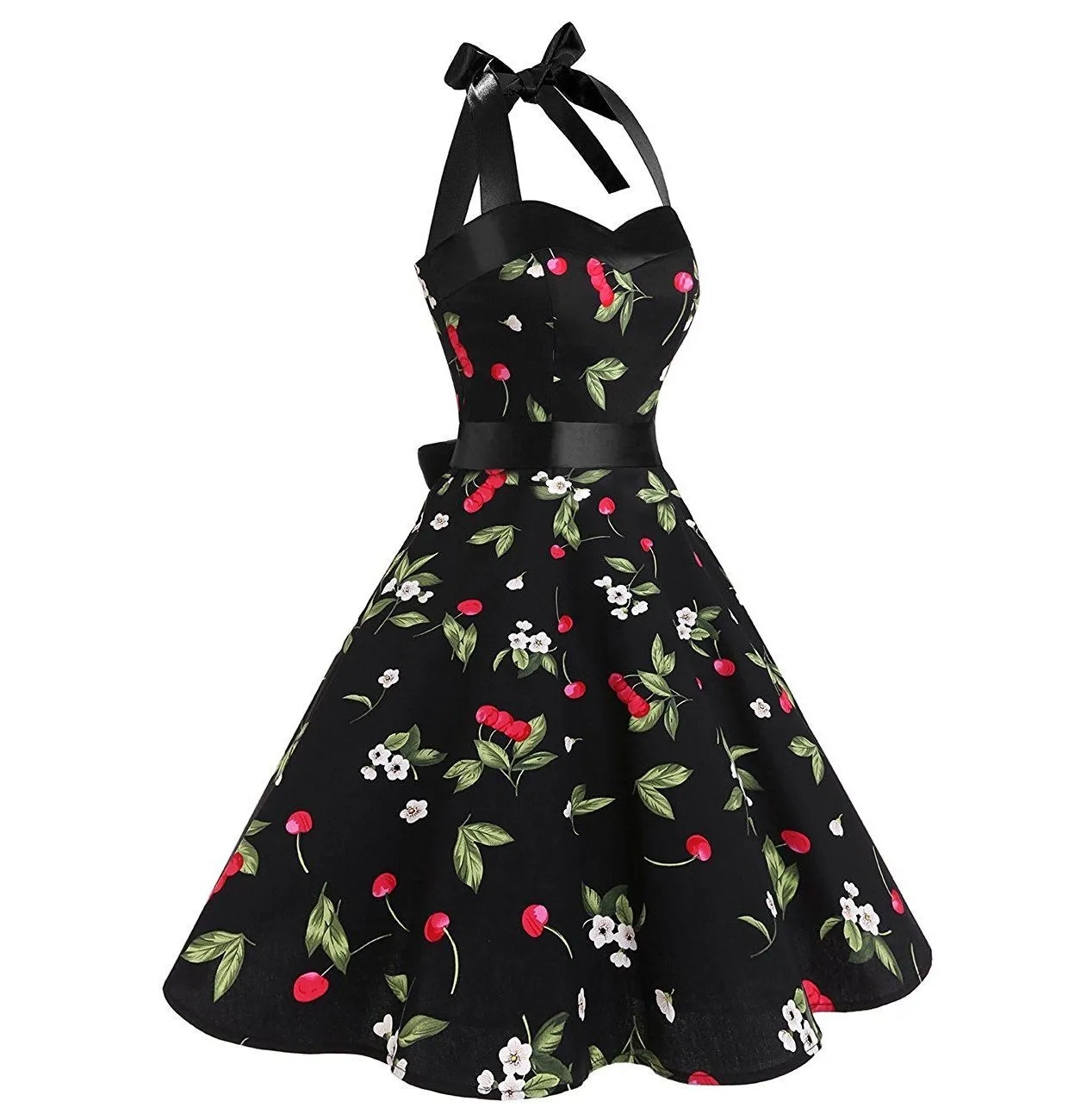 Cherry Printed Halter Dress Audrey Hepburn 50s Style Dresses
