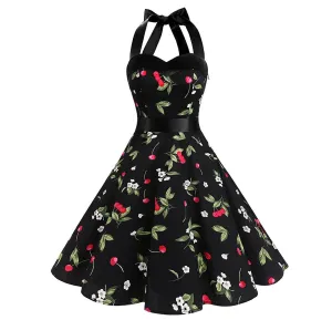 Cherry Printed Halter Dress Audrey Hepburn 50s Style Dresses