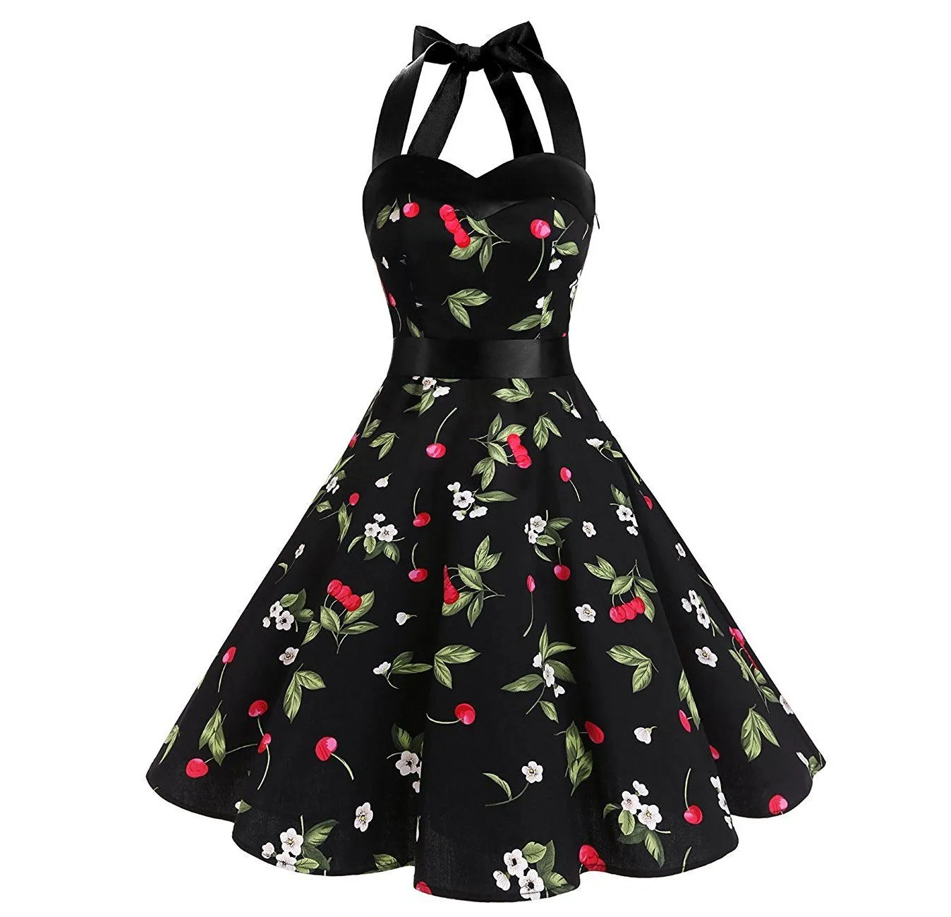 Cherry Printed Halter Dress Audrey Hepburn 50s Style Dresses