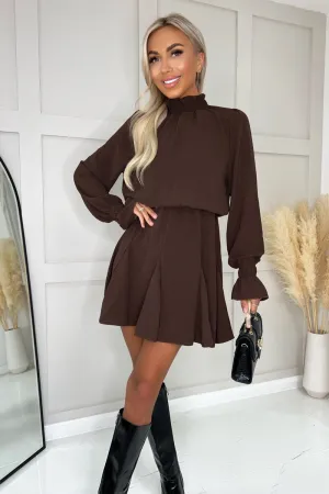 Chocolate High Neck Shirred Detail Skater Dress