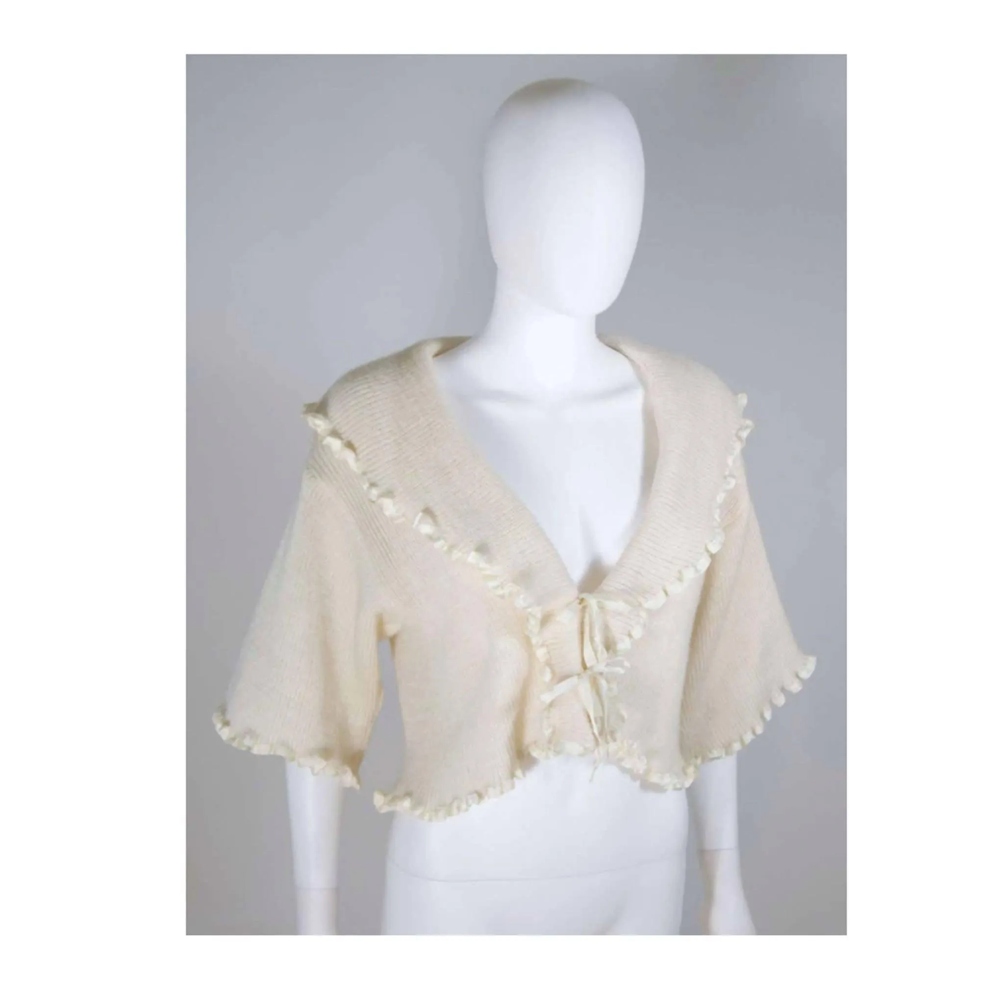 CHRISTIAN DIOR Cashmere Tie Front Sweater with Ruffled Edges | Size 6