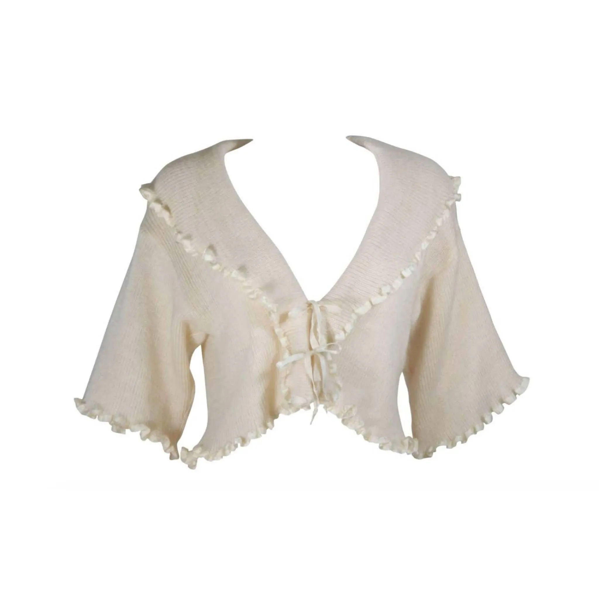 CHRISTIAN DIOR Cashmere Tie Front Sweater with Ruffled Edges | Size 6