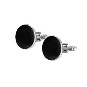 Classic Solid Black Fill Round Silver Cufflinks