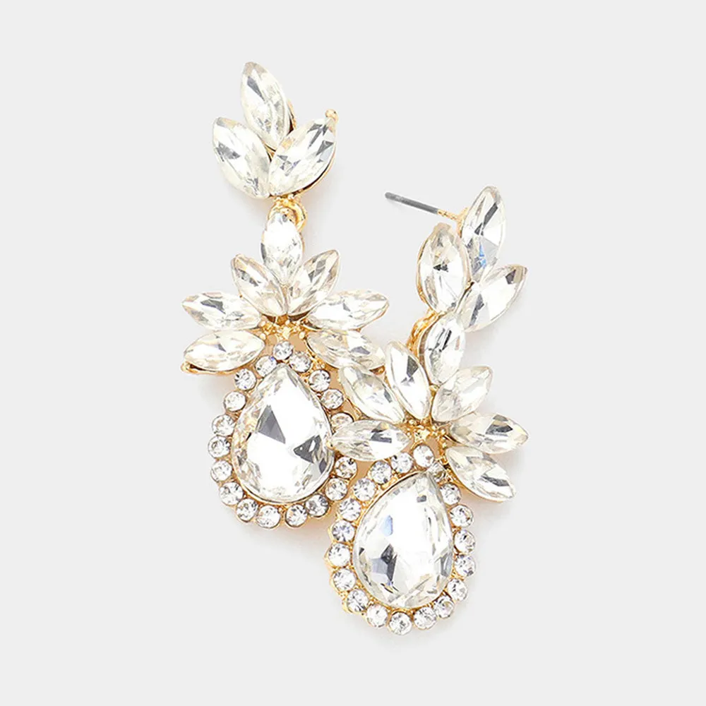 Clear Marquise Stone Cluster Dangle Pageant Earrings on Gold | Prom Earrings | 544136