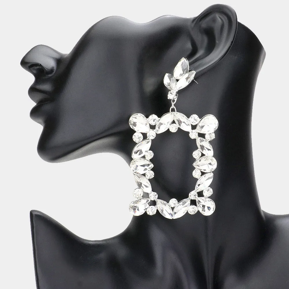 Clear Stone Open Rectangle Dangle Pageant Earrings | Prom Earrings |  610660