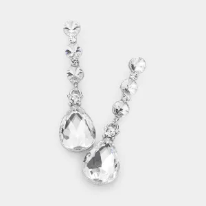 Clear Teardrop and Round Crystal Dangle Earrings on Silver | Pageant Earrings | 605228