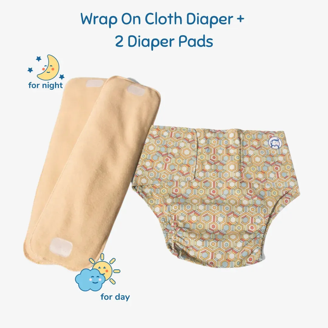 Cloth Diaper | Honeycomb | Velcro Closure | Wrap On Style | With 2 Diaper Pads Free