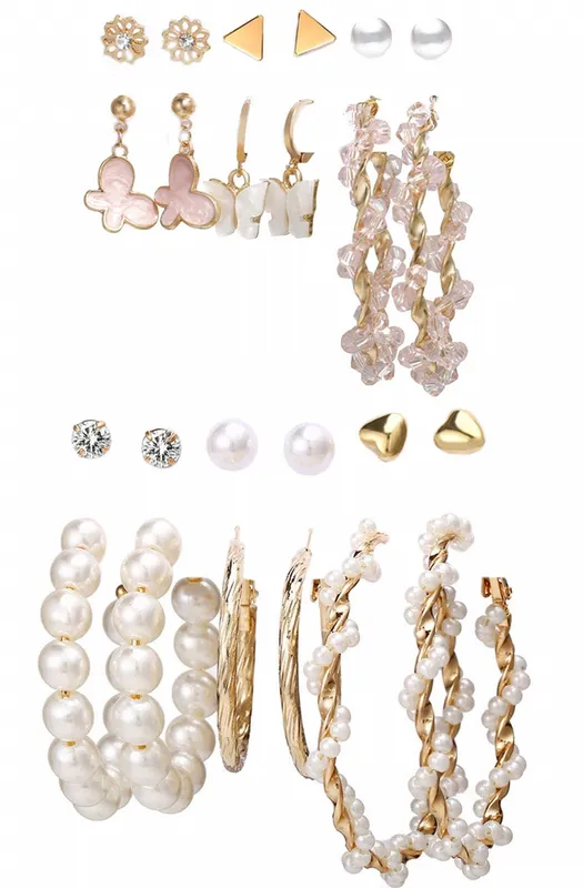 Combo Of 12 Pair Pearl Studs And Butterfly Hoop Earrings