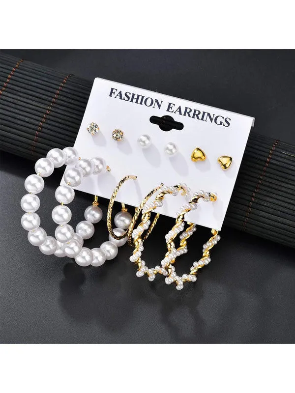 Combo of 15 Pair Pearl Crystal Heart Studs & Hoop Earrings