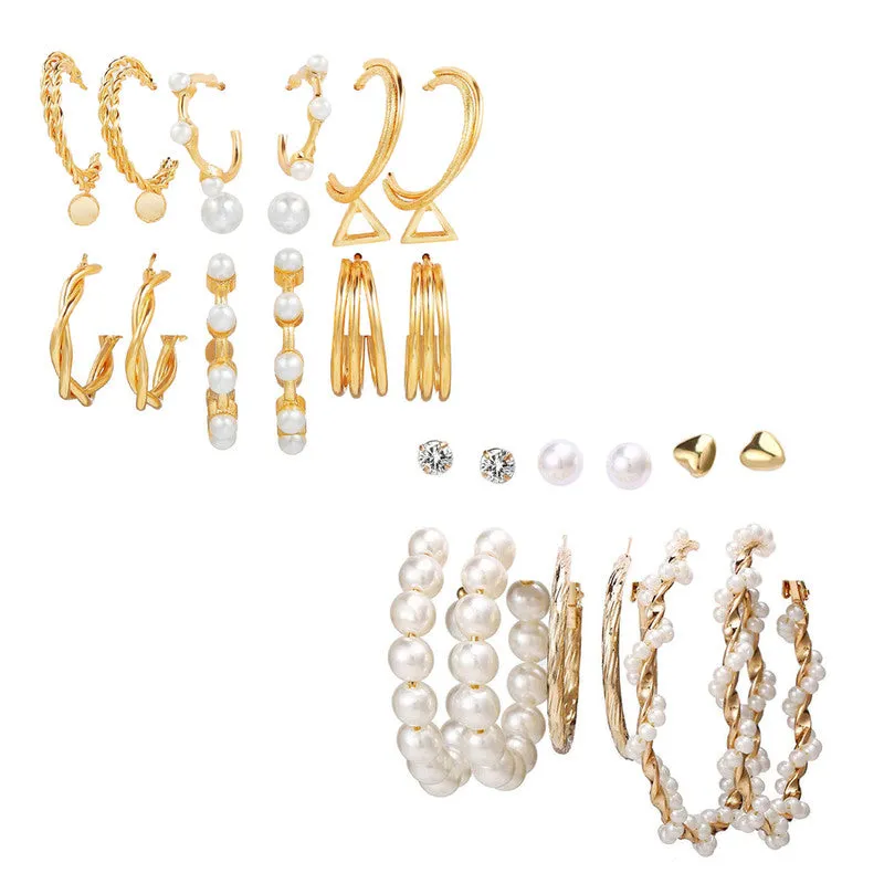 Combo of 15 Pair Pearl Crystal Heart Studs & Hoop Earrings