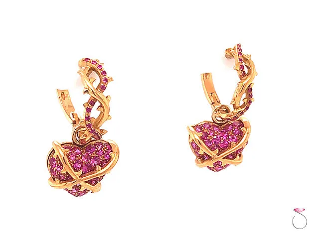 Convertible Hoop Dangle Heart Drop Pink Sapphire Earrings