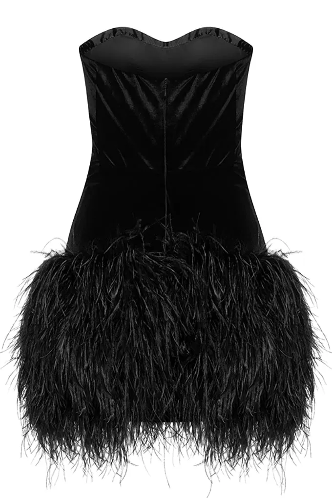 Corset dress decorated with ostrich feathers