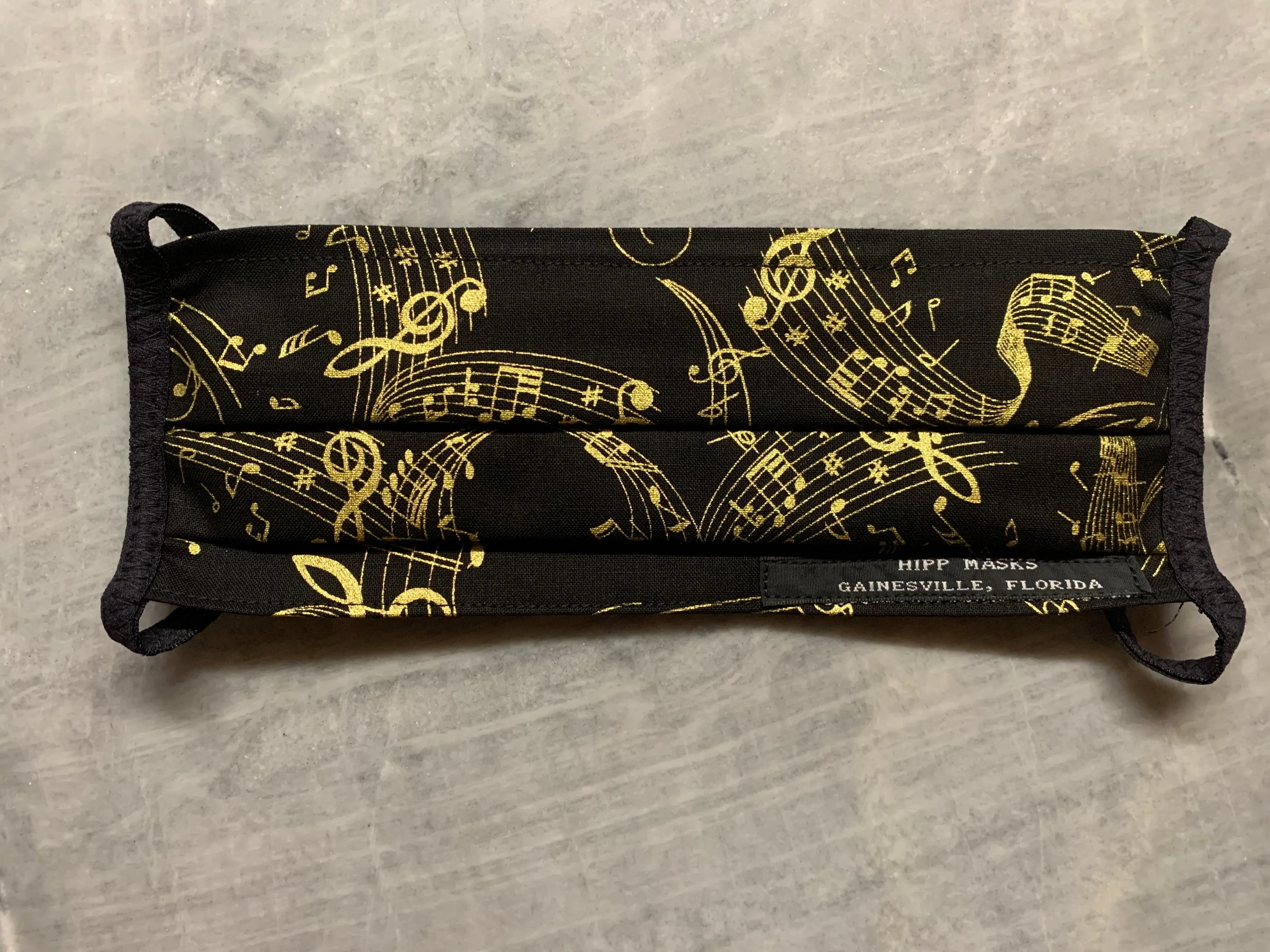 Cotton Club:  Black Sateen Cotton and Gold Musical Notes with Black Foldover Ties for Ears