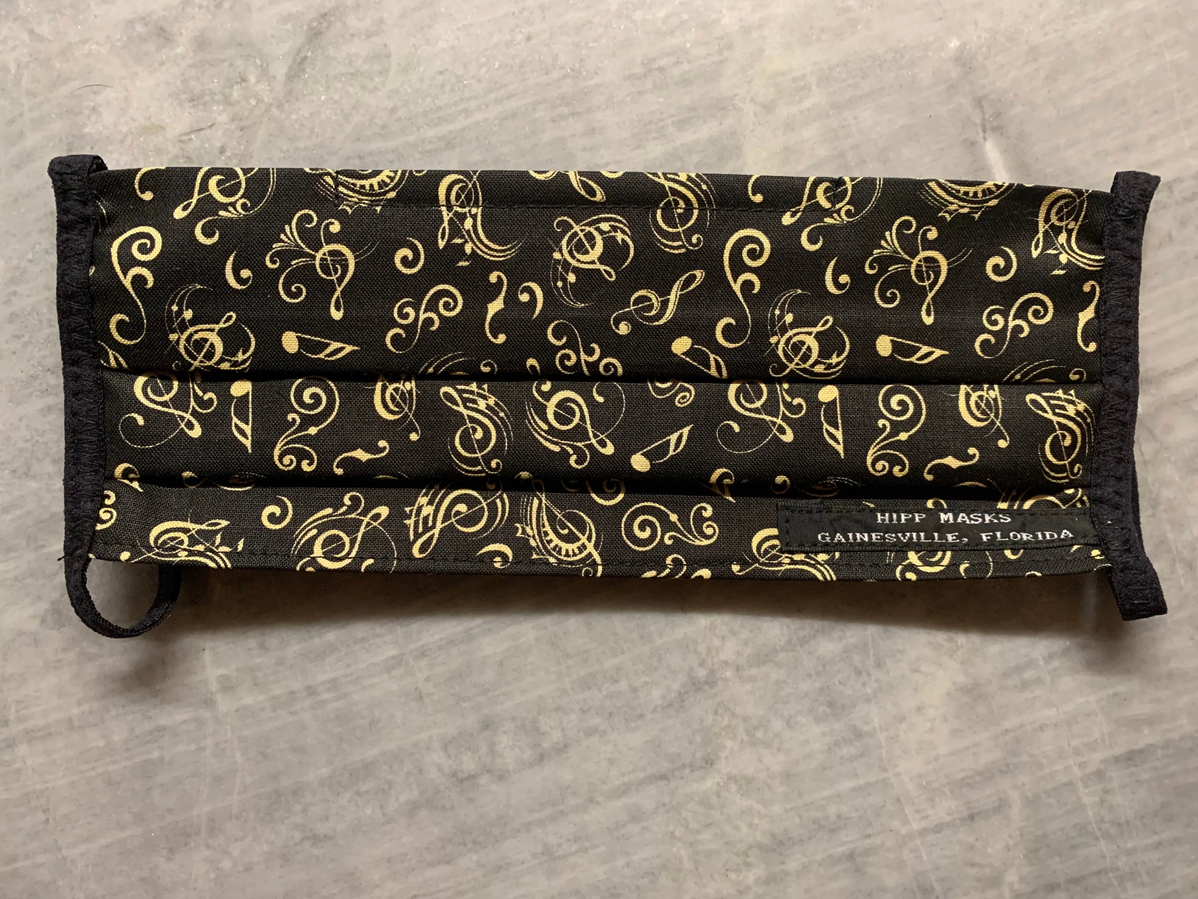 Cotton Club:  Black Sateen Cotton and Gold Musical Notes with Black Foldover Ties for Ears