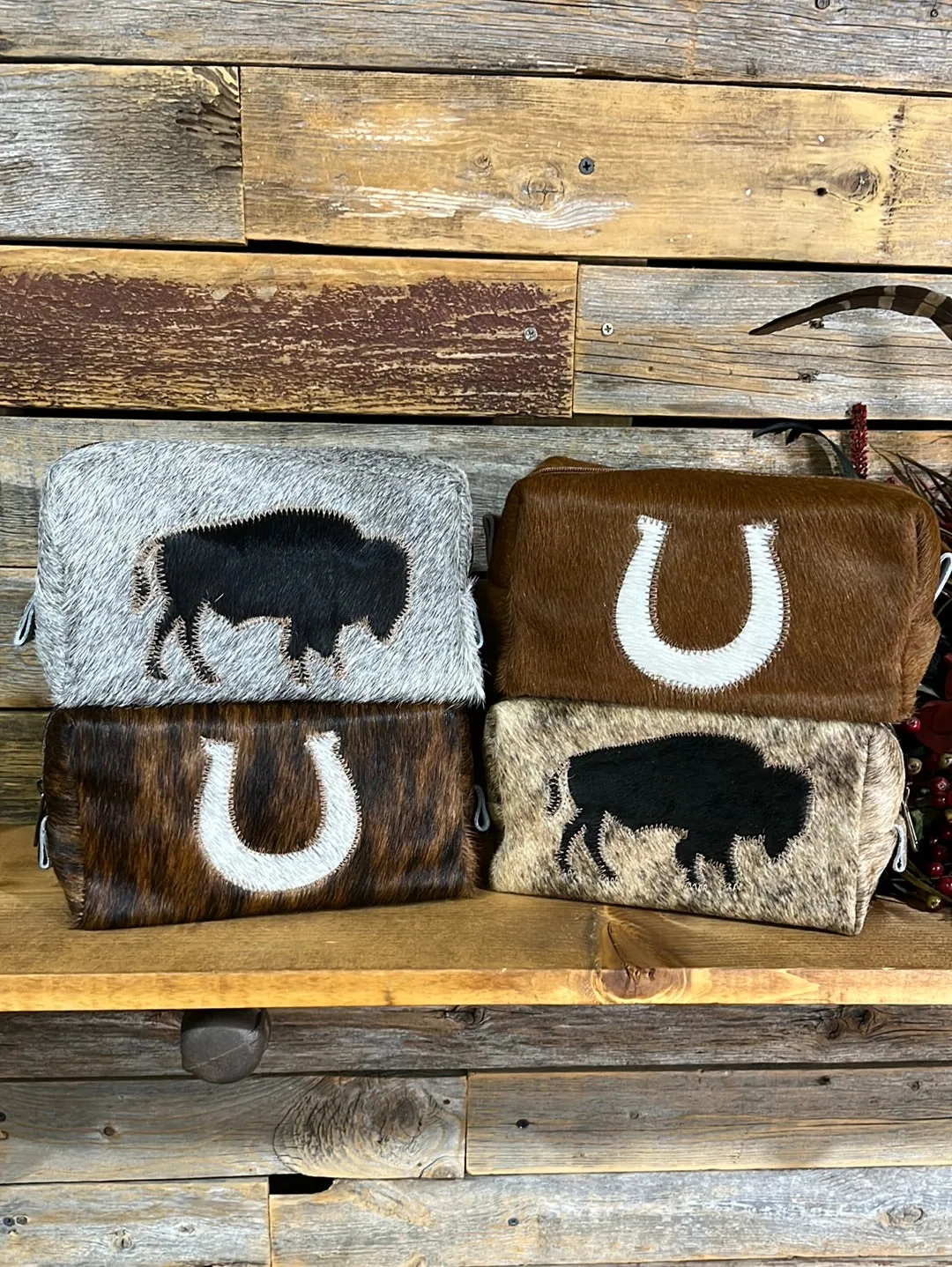 Cowhide Buffalo & Horseshoe Make Up Bags