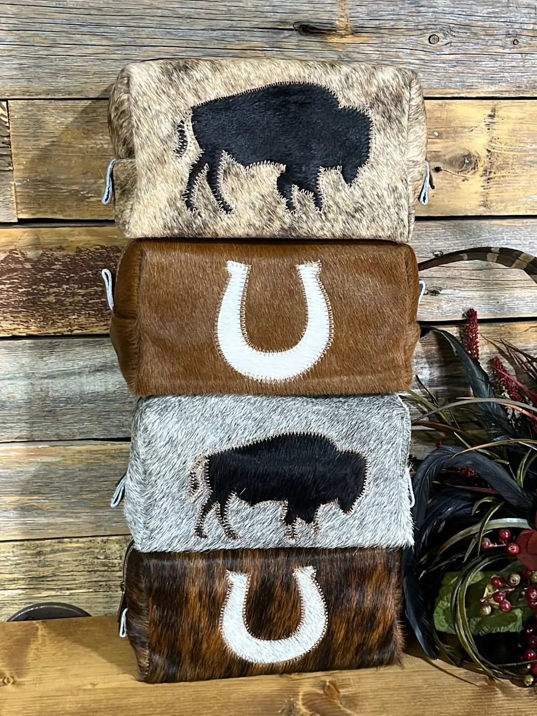 Cowhide Buffalo & Horseshoe Make Up Bags