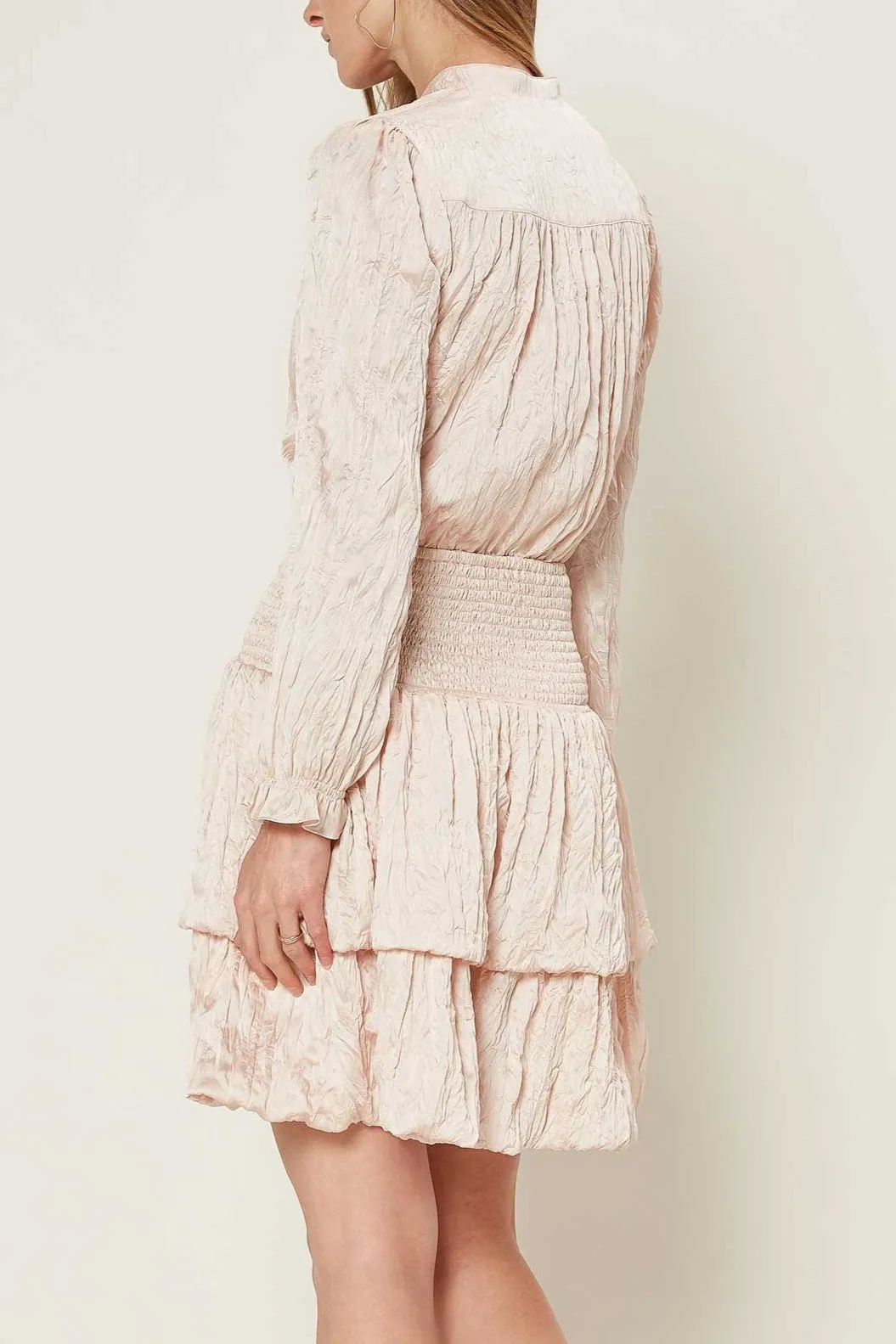 Crinkled Long Sleeve Mini Dress-Pearl Blush