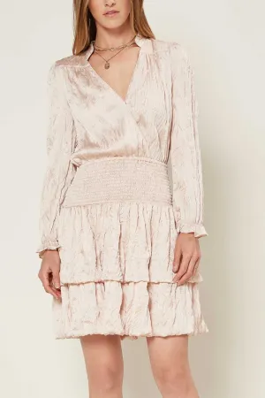 Crinkled Long Sleeve Mini Dress-Pearl Blush