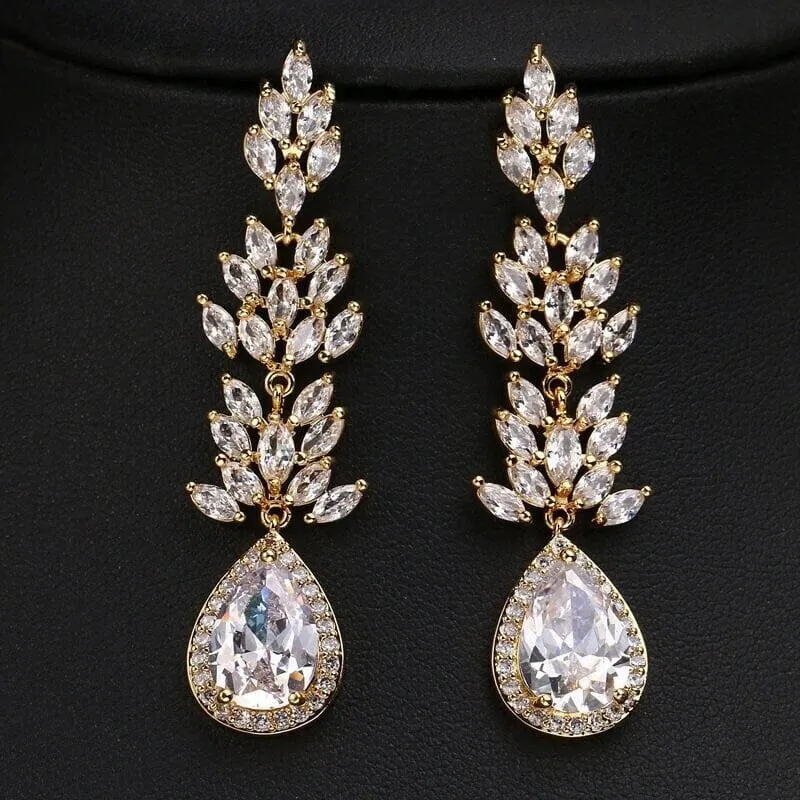 Crystal CZ Diamond Chandelier Earrings, Bridal Crystal Dangle Earrings or Chain Necklace, 14K Gold Plated Crystal Jewelry