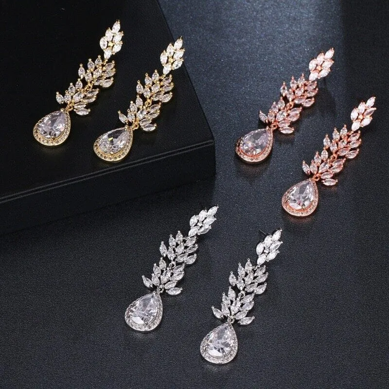 Crystal CZ Diamond Chandelier Earrings, Bridal Crystal Dangle Earrings or Chain Necklace, 14K Gold Plated Crystal Jewelry