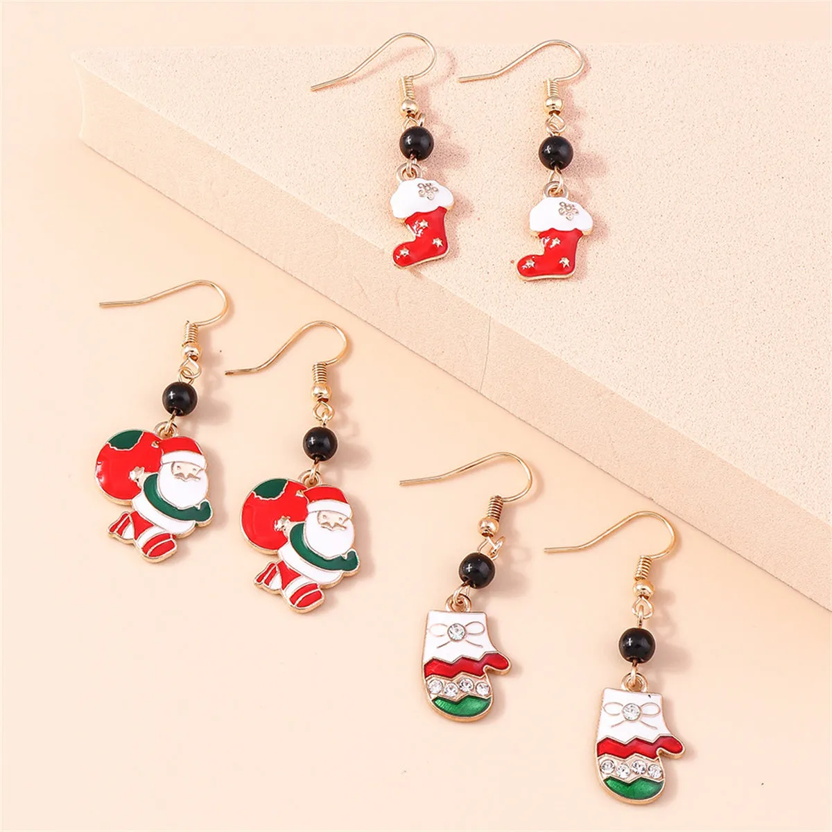 Cubic Zirconia & 18K Gold-Plated Gloves Stocking Santa Drop Earrings Set