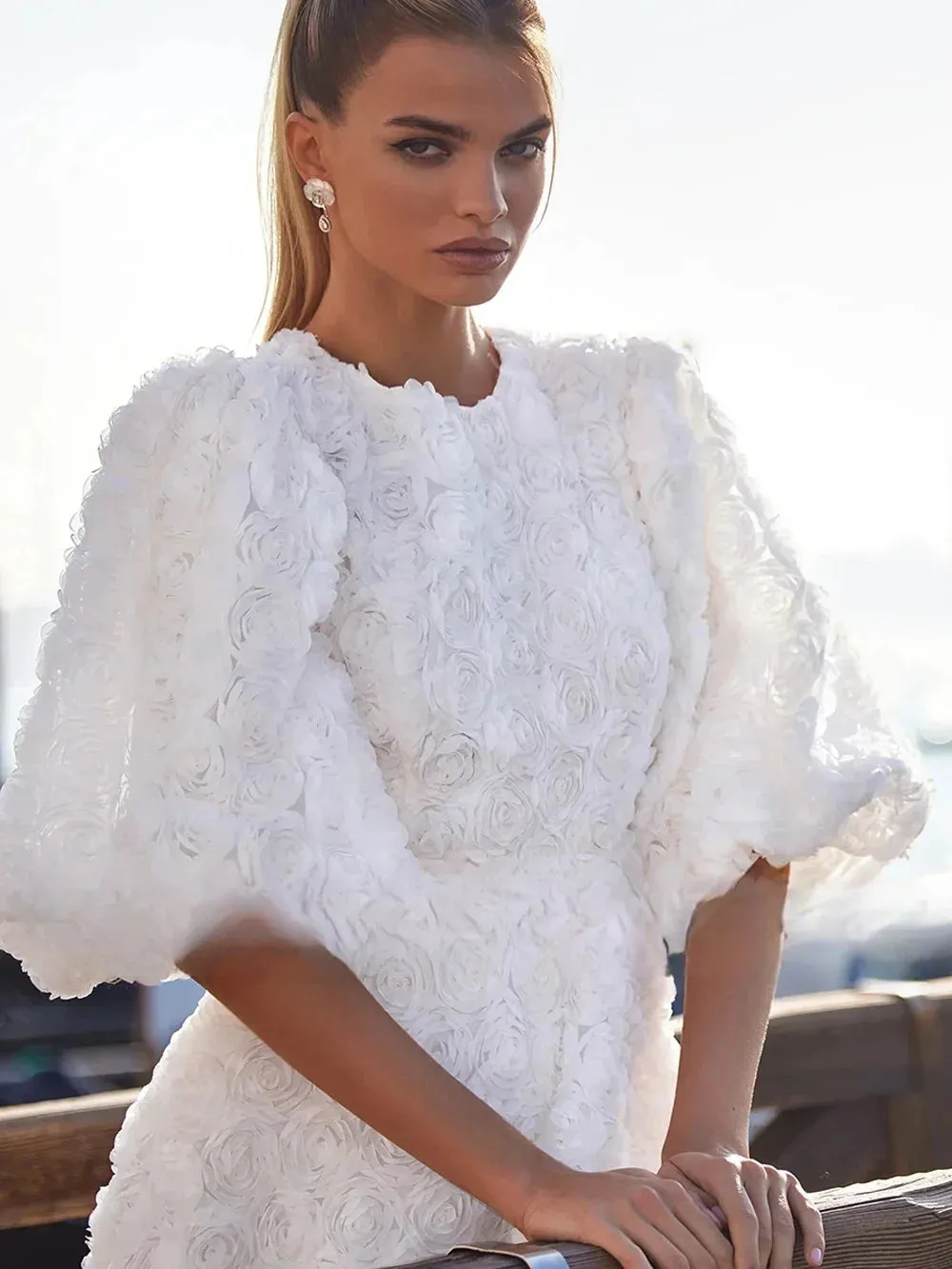 Custom made Rose Lace Vestidos De Novia Puff Sleeve Round Neck Tea Length Back Wedding Dresses Appliques Vestido De Noiva