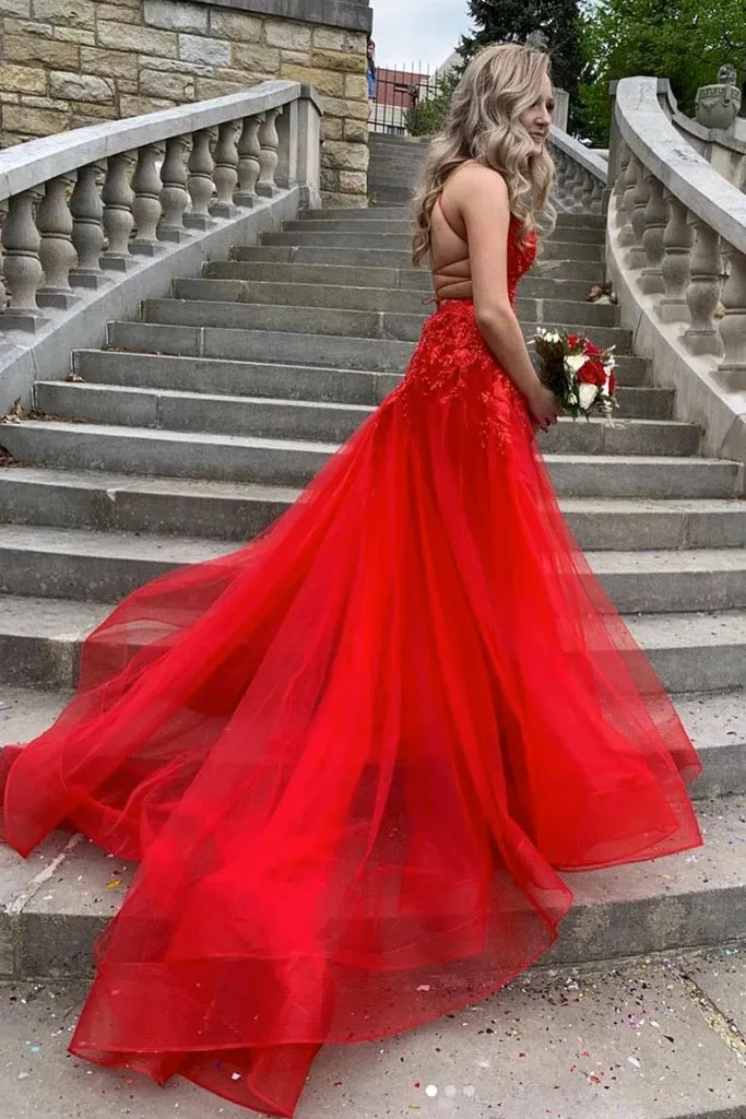 Customize A Line V Neck Sleeveless Lace Applique Long Red Tulle Prom Dress Evening Dress OHC326