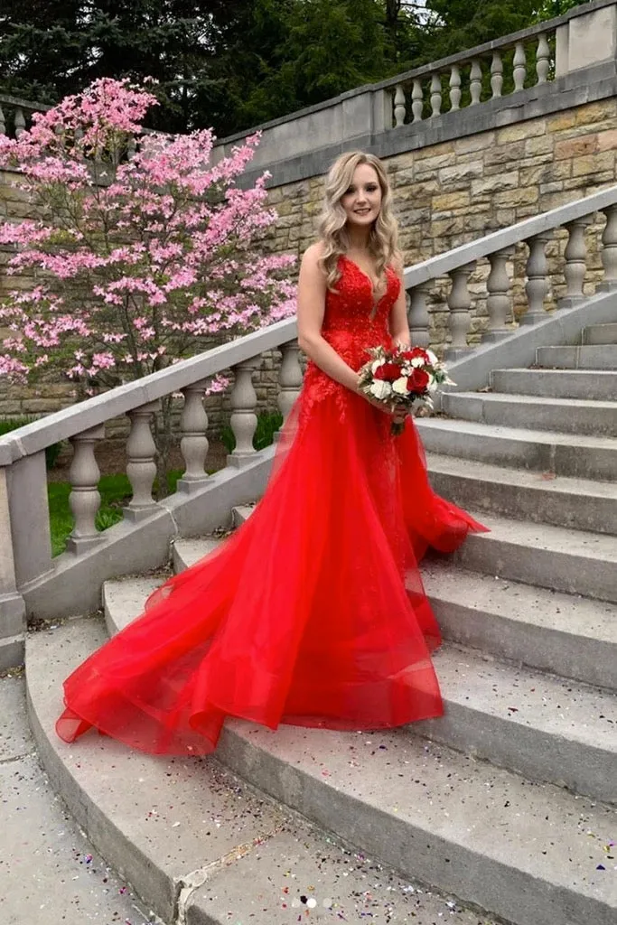 Customize A Line V Neck Sleeveless Lace Applique Long Red Tulle Prom Dress Evening Dress OHC326
