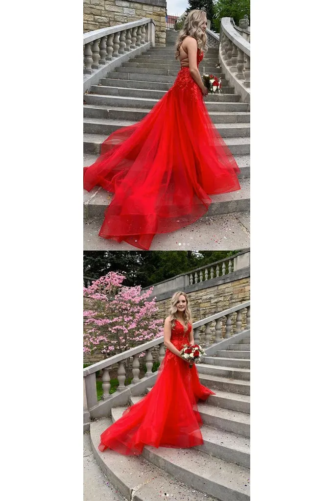 Customize A Line V Neck Sleeveless Lace Applique Long Red Tulle Prom Dress Evening Dress OHC326