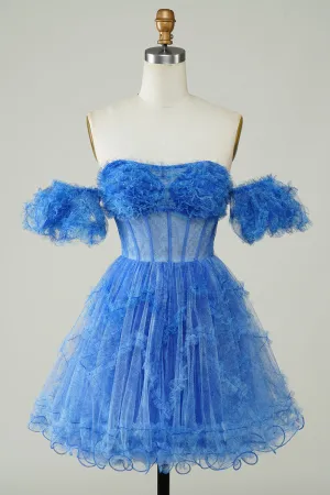 Cute Blue A Line Off The Shoulder Short Homecoming Dress