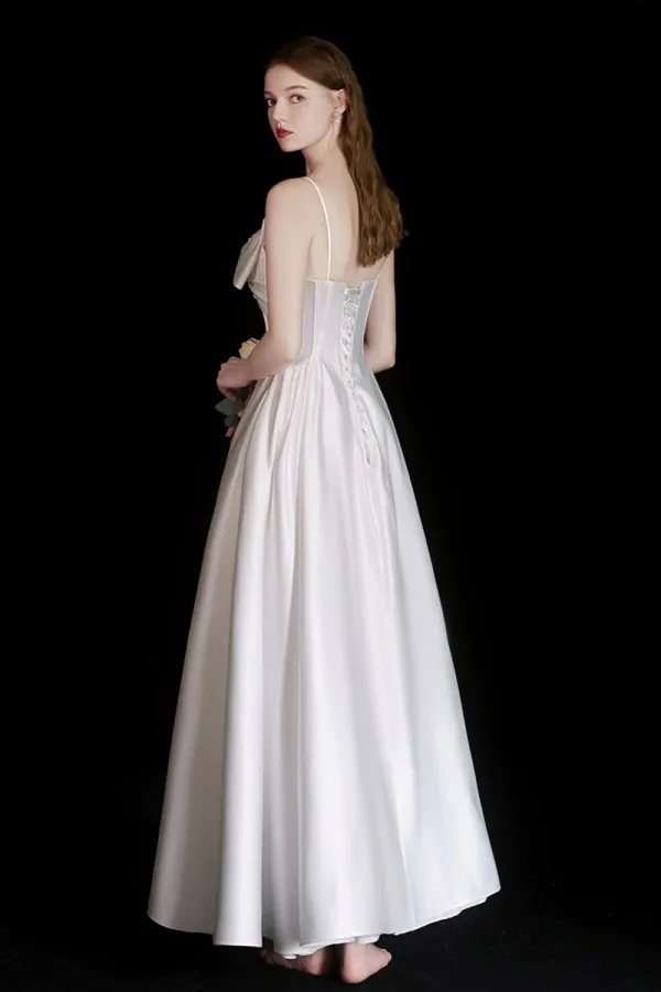 Cute Satin Tea Length Prom Dress, White Spaghetti Strap A Line Evening Party Dress APP0981