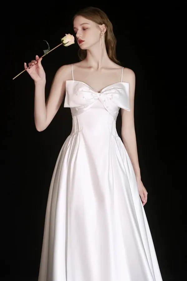 Cute Satin Tea Length Prom Dress, White Spaghetti Strap A Line Evening Party Dress APP0981
