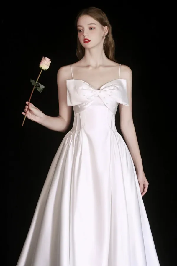 Cute Satin Tea Length Prom Dress, White Spaghetti Strap A Line Evening Party Dress APP0981