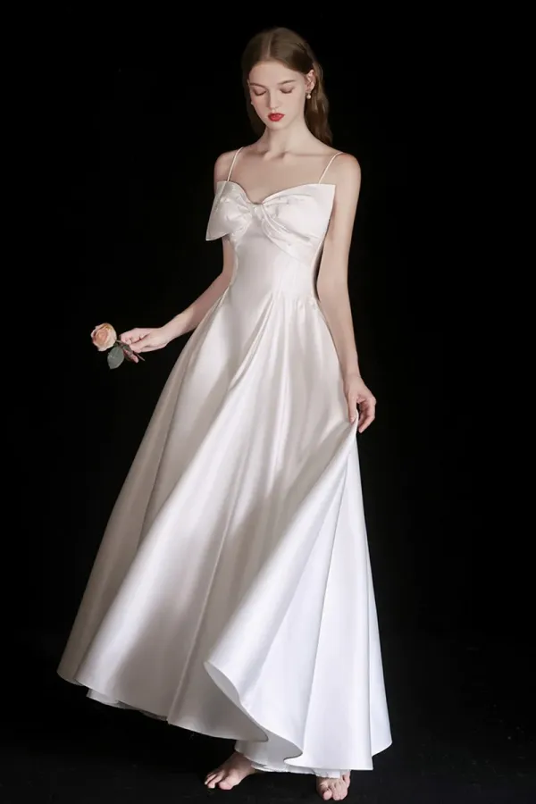 Cute Satin Tea Length Prom Dress, White Spaghetti Strap A Line Evening Party Dress APP0981