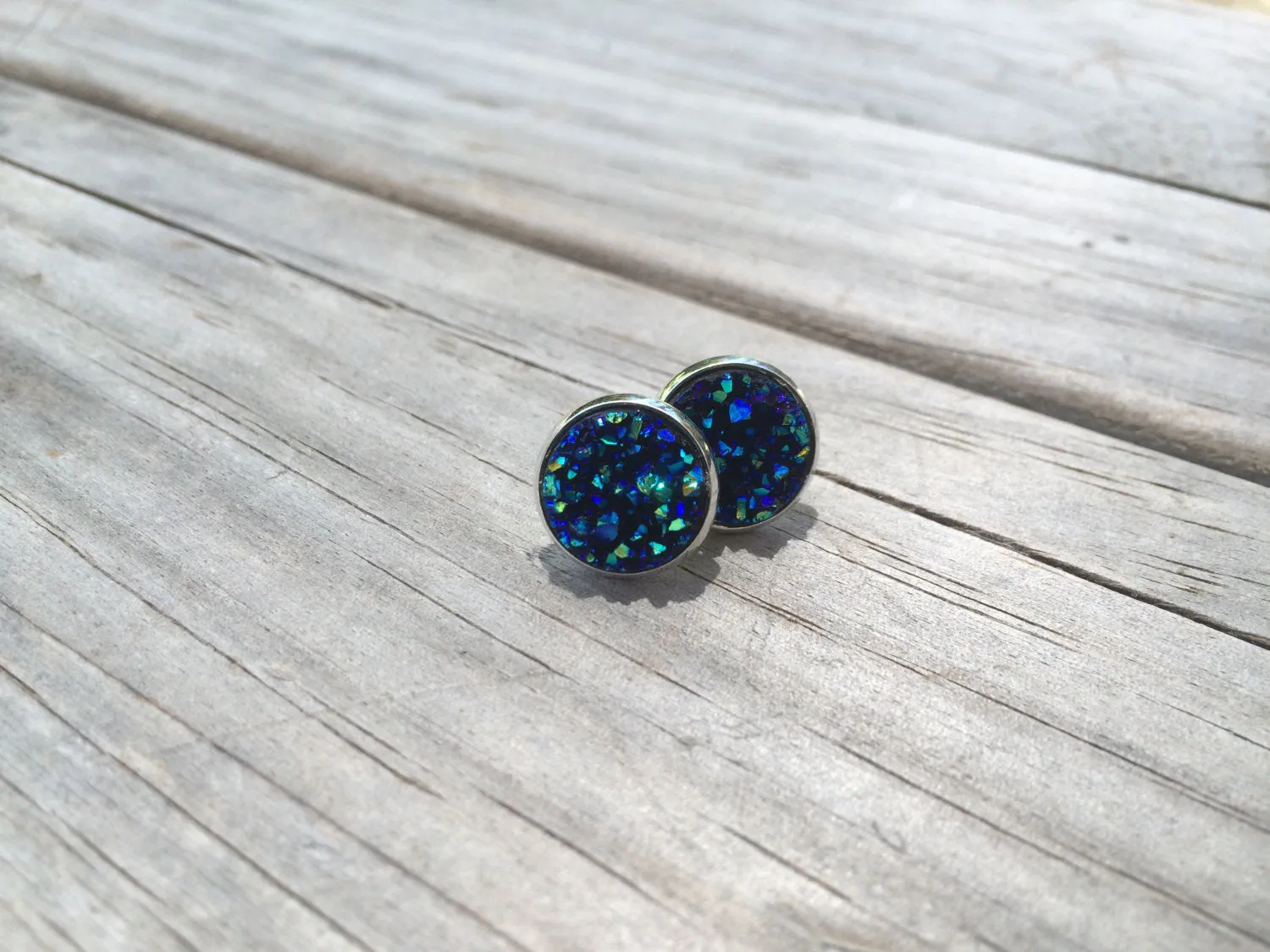 Dark Blue Druzy Earrings