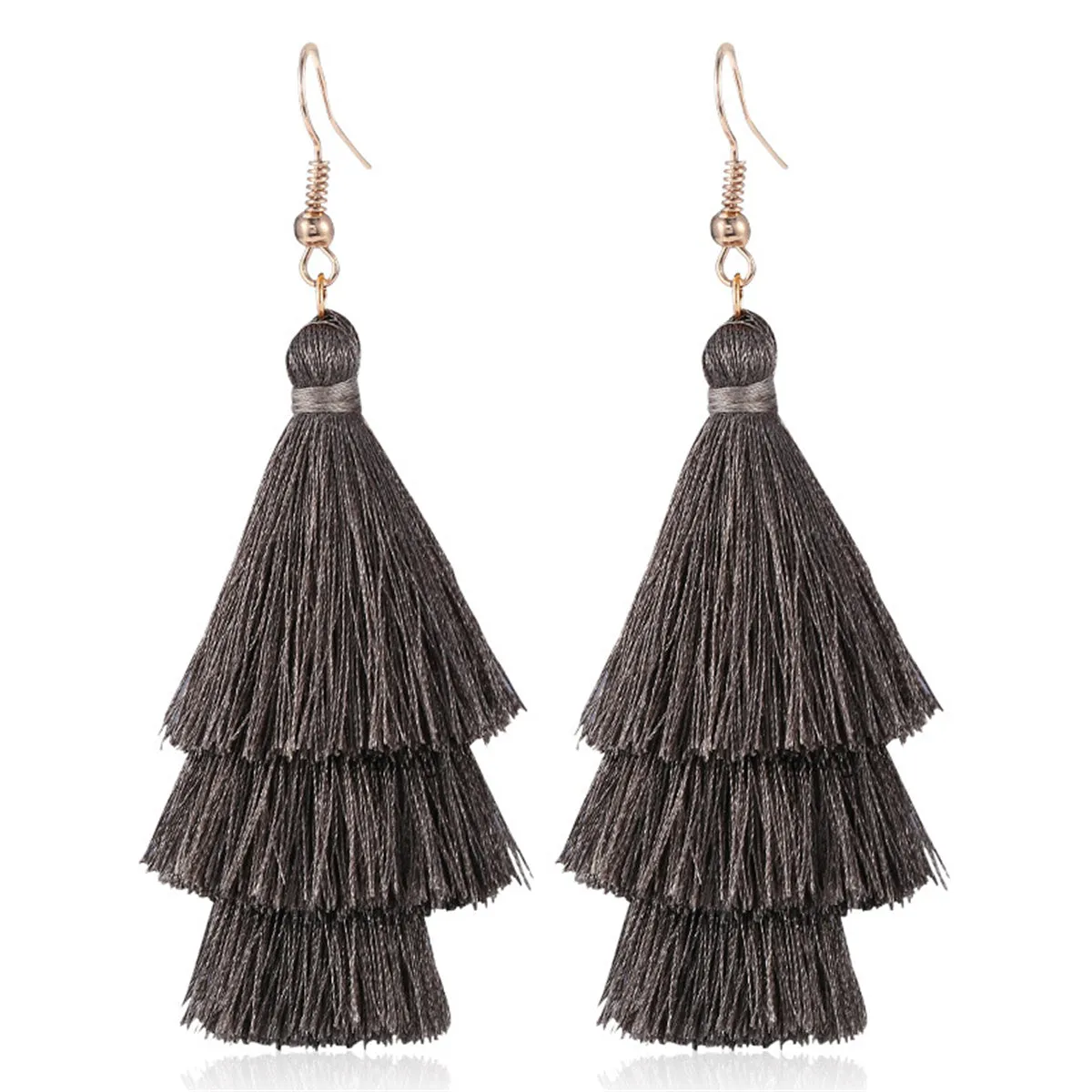 Dark Gray Polyster & 18K Gold-Plated Layered Tassel Drop Earrings